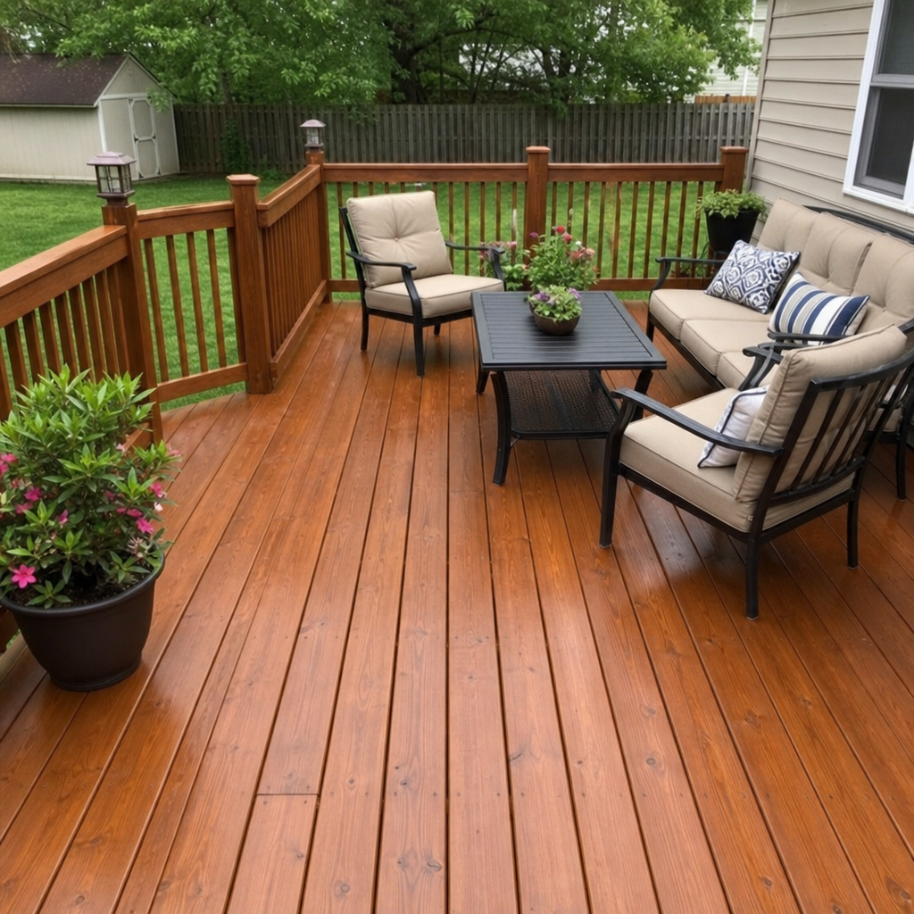 A freshly stained wooden backyard deck with outdoor patio furniture