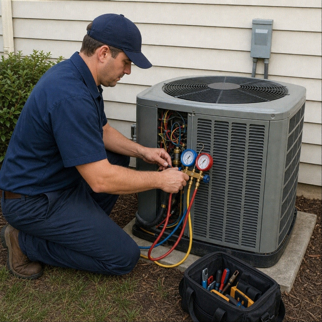 A technician performing a tune-up on a residential central air conditioning unit