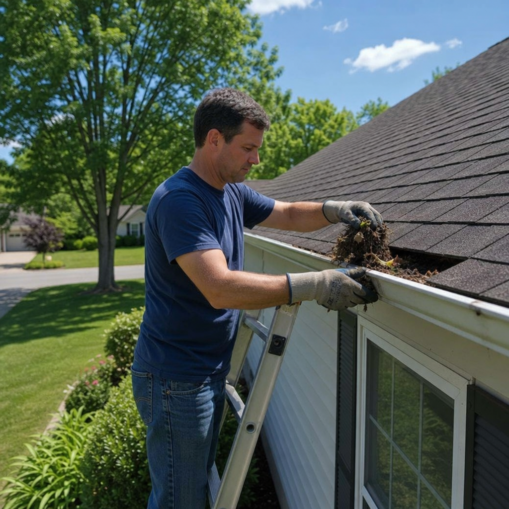 A homeowner cleaning out roof gutters on a sunny summer afternoon