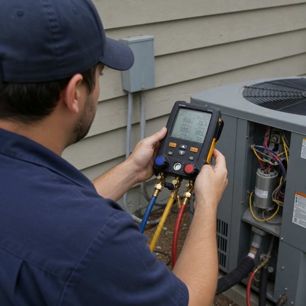 A photo of an HVAC technician using a digital manifold gauge to check refrigerant levels.