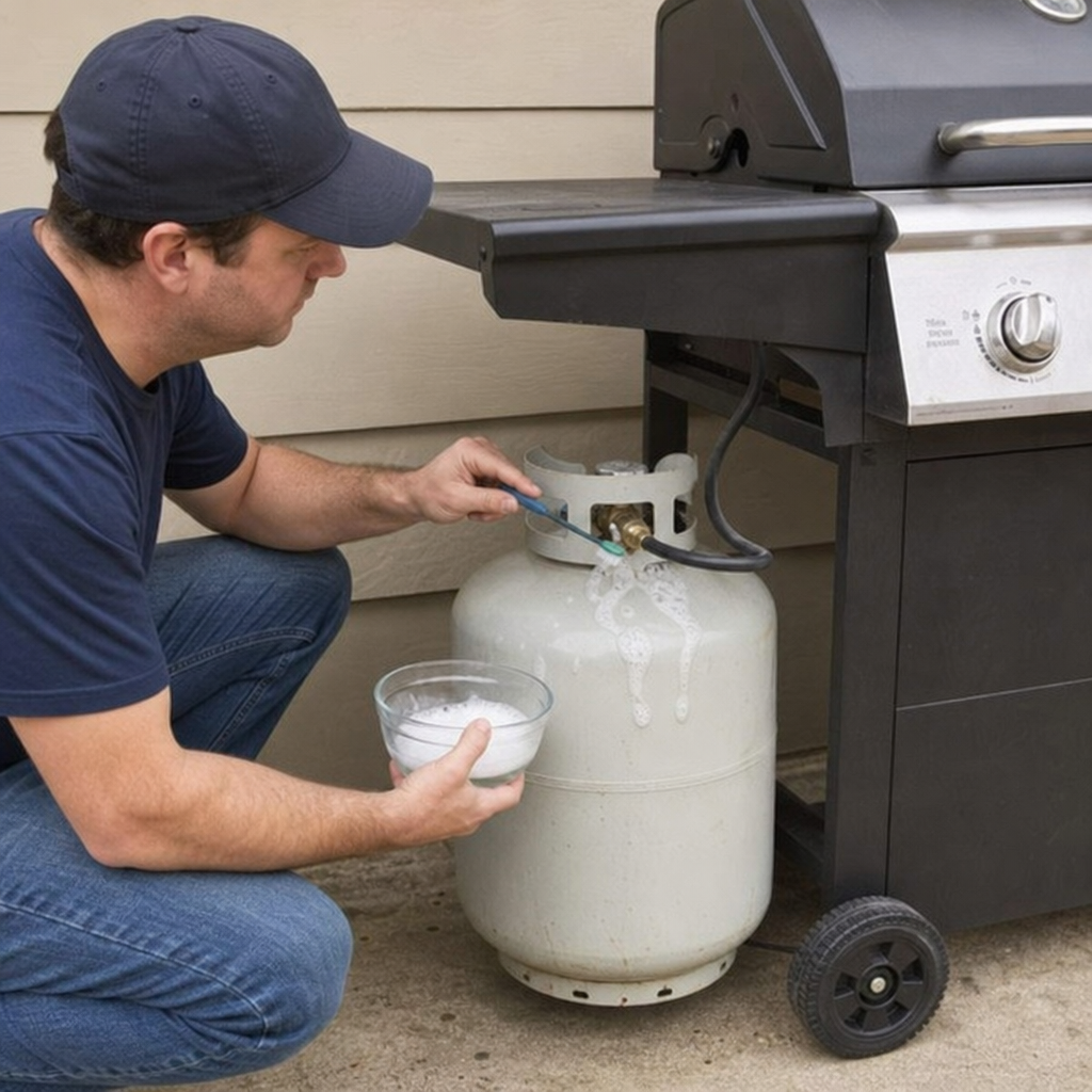 A homeowner applying a soapy water solution to a grill propane tank to check for leaks