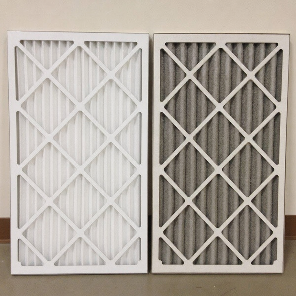 A side-by-side photo of a clean air filter next to one grayed with dust to show the visual difference.