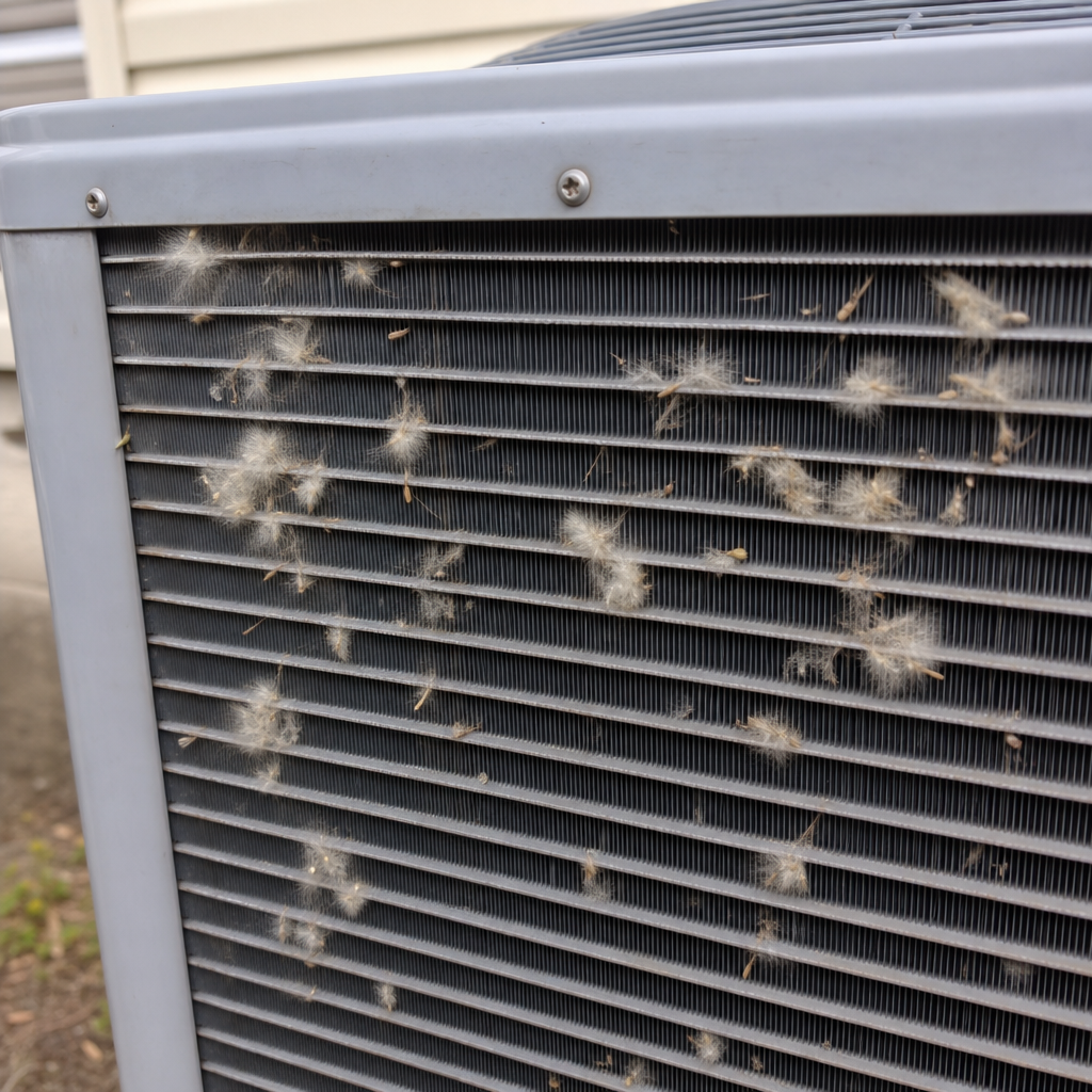 A close-up of an outdoor AC condenser unit with cottonwood seeds caught in the metal fins.